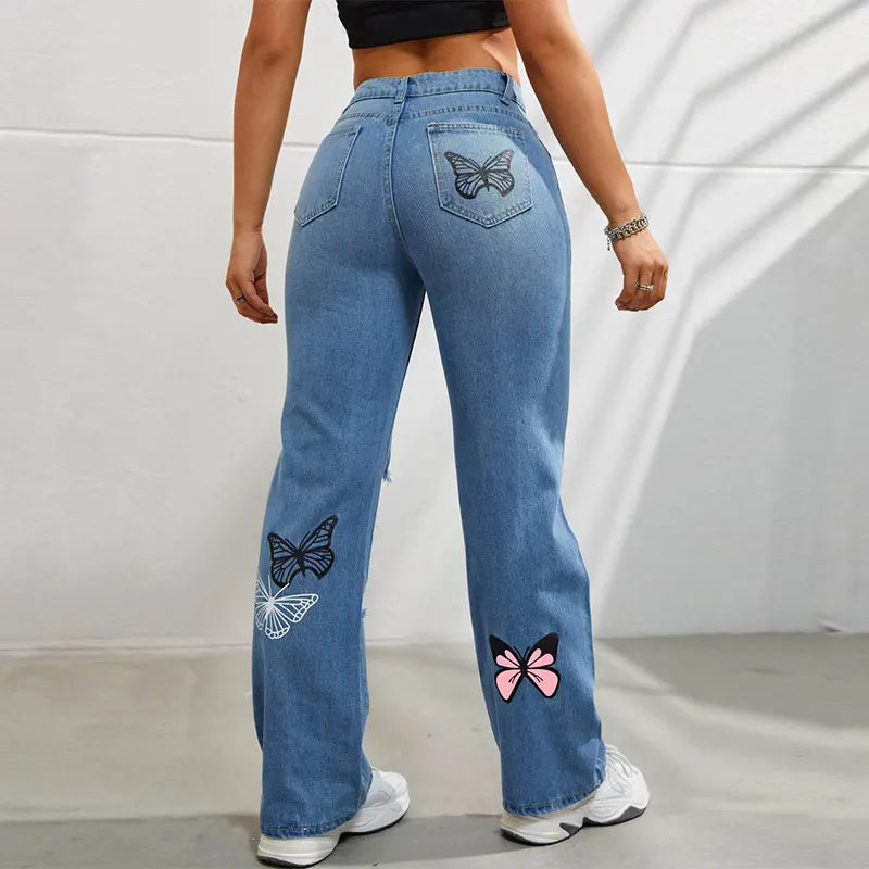 2025 Summer New Butterfly Print Pair Jeans Women Fashionable Straight High-Waisted Long Style Ripped Torn Design Denim Pants