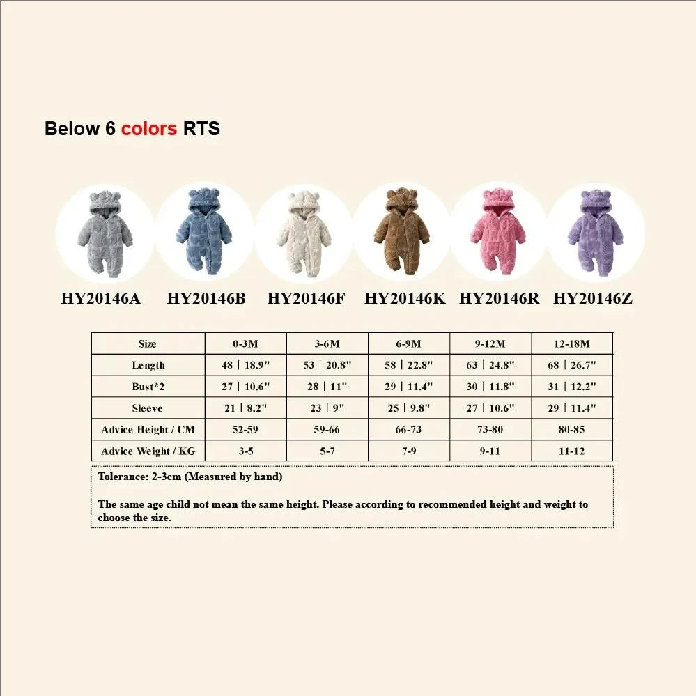 Winter Baby Bear Hooded Romper Thicken Fleece Warm Heart Flannel Toddler Girl Jumpsuits Infant Boy Bodysuit For Newborn Clothes
