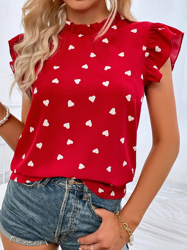 Fashion Chiffon Print Women's Shirt Casual Ruffle Short Sleeve Top Pink Chic Woman Blouse And Shirts Elegant Blouses Summer 2024