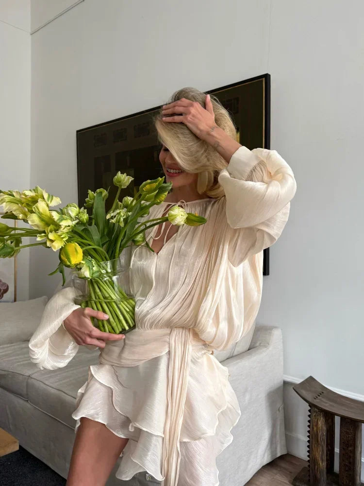 Shiny Layered Ruffles Pleated Mini Dress Women's Fashion Solid Lace Up Slim Fit Gowns 2025 Summer Lady Party Banquet Vestidos