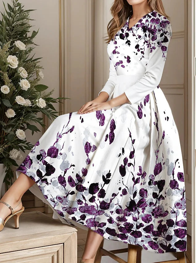 Ladies Autumn Winter Floral Print Vintage Long Dress Women's Long Sleeve V-neck Elegant Dresses Party Casual Evening Dress Women