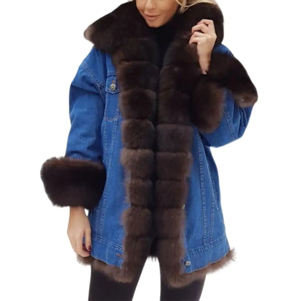 Winter Women Denim Jacket Color Matching Long Sleeves Faux Fur Trim Outerwear Mid Length Windproof Outdoor Coat With Pockets