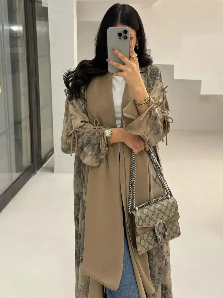 Ramadan Eid Tie Dye Butterfly Bow Muslim Modest Kimono Abaya Damen Dubai Luxury Islam Women Kebaya With Hijab Kaftan Robe Femme