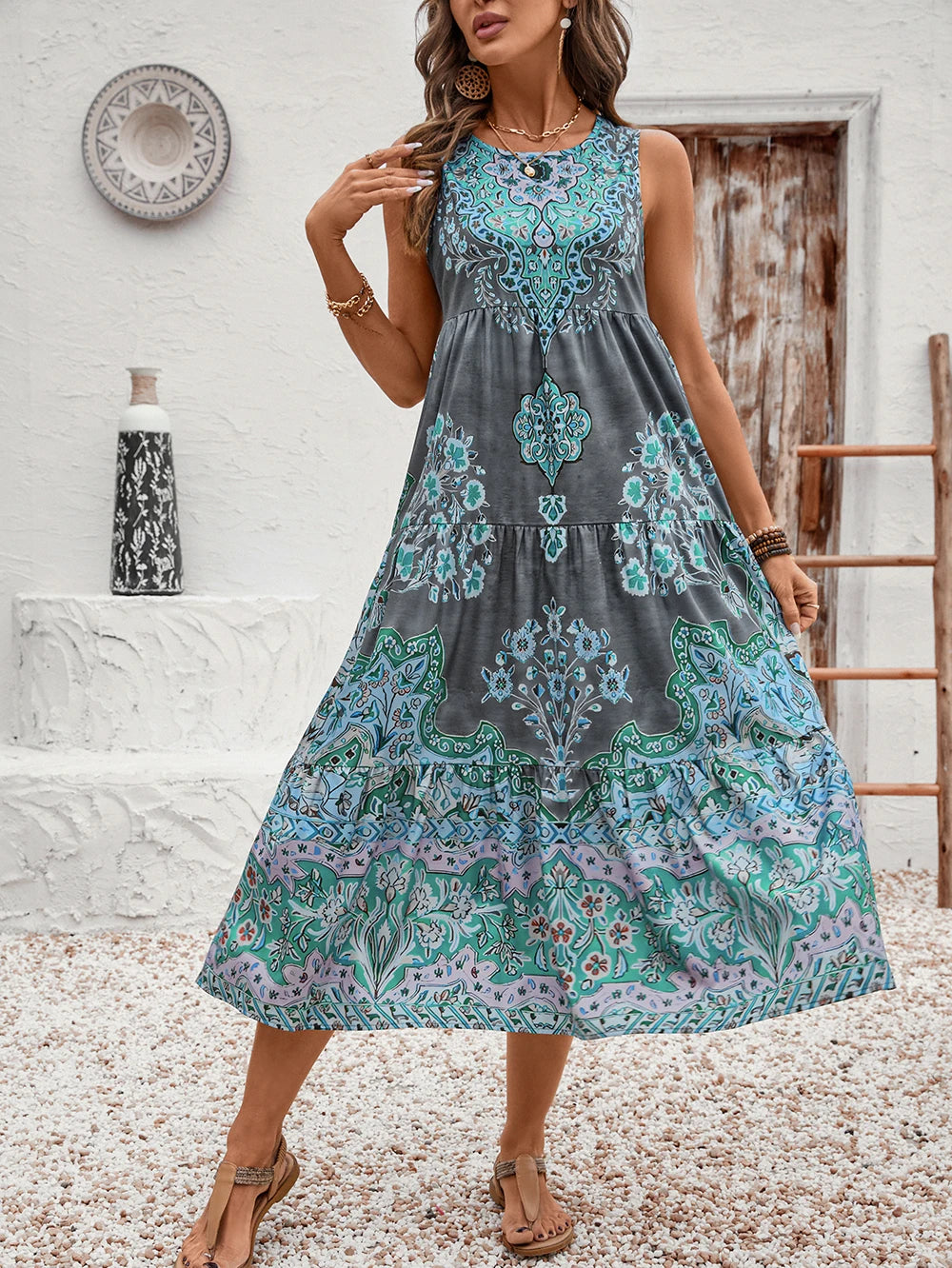 2025 Holiday Women's Summer print crew neck sleeveless dress, suitable for casual or vacation and long holiday beach wear women