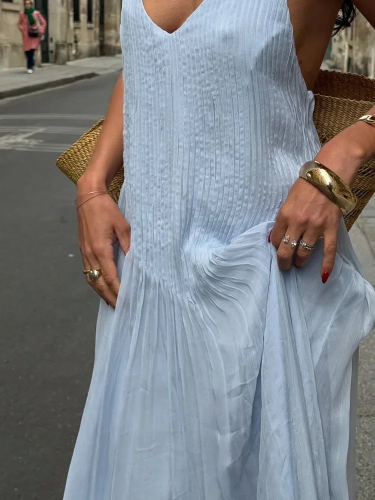 Sexy Solid Pleated Long Dress Women Elegant V Neck Sleeveless Suspender Backless Loose Robe Beach Party Ladies Maxi Gowns 2025