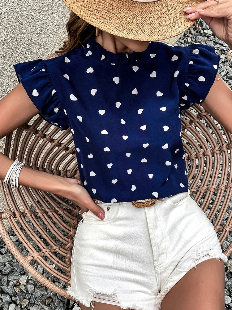 Fashion Chiffon Print Women's Shirt Casual Ruffle Short Sleeve Top Pink Chic Woman Blouse And Shirts Elegant Blouses Summer 2024
