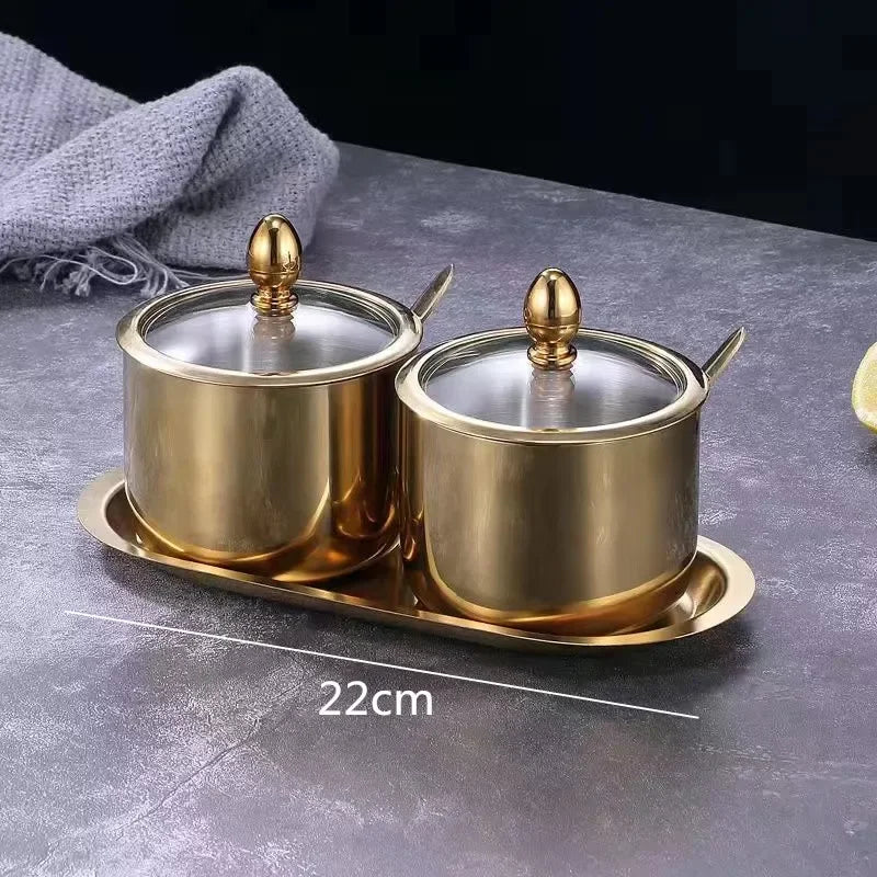 gold golden 304 Seasoning box bottle glass cap with spoon flavoring tank sauce bottle spice jar salt storage box soy sauce dish