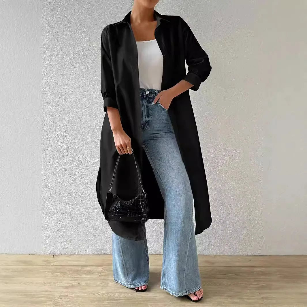 Women Turn Down Collar OL Business Maxi Shirts Tops Spring Autumn Female Simple Solid Color Button Loose Blouse Long Shirt Blusa