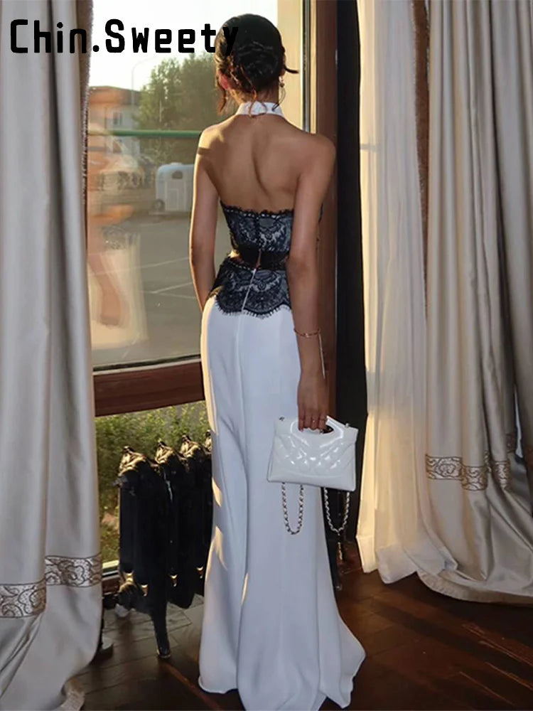 Sexy Halter Lace Splicing Hollow Out Long Dress Women Sleeveless Backless Hip Package Party Dresses 2025 Summer Evening Robes