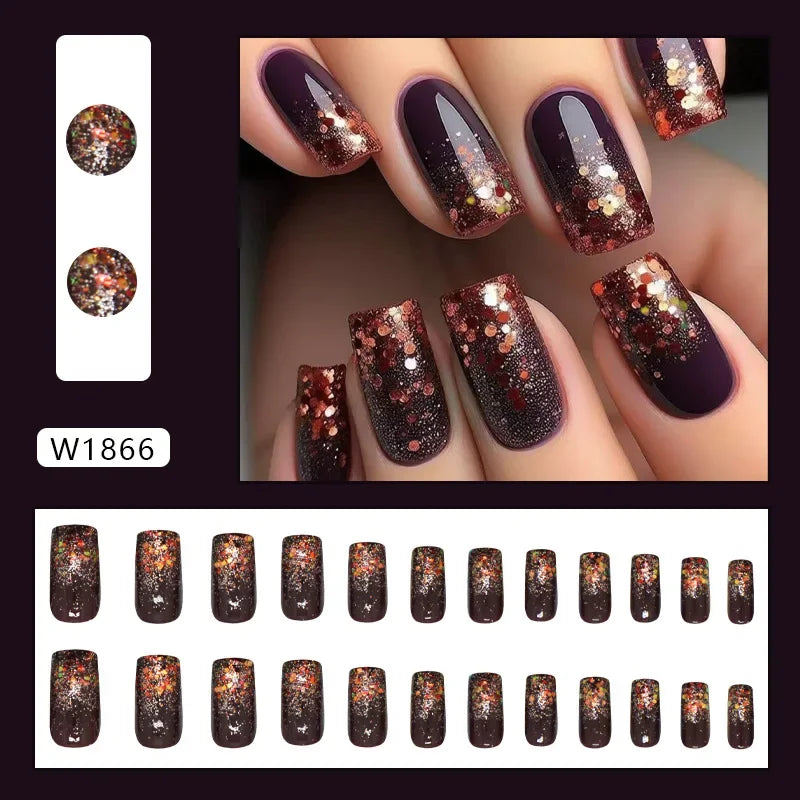 Platinum Maple Leaf Fake Nail with Jelly sticker Press on False Nails Wearable Round Head Oval Full Cover Nail Tips