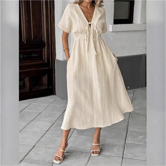 2025 New Summer Women's V-neck Pure Cotton Loose and Comfortable Long Solid Color Dress