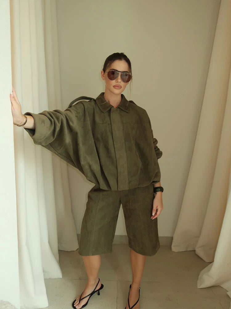 Vintage Oversized Suede Leather Jacket Women's Fashion Shoulder Pad Full Sleeve One Button Coat Lady Chic Bomber Streetwear 2025