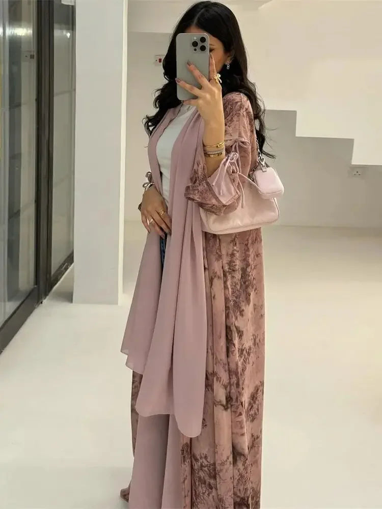 Ramadan Eid Tie Dye Butterfly Bow Muslim Modest Kimono Abaya Damen Dubai Luxury Islam Women Kebaya With Hijab Kaftan Robe Femme