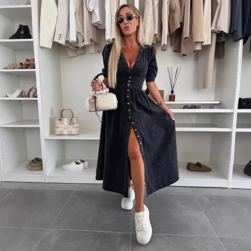 2025 Women Denim Dress Loose Fit V-Neck Short Sleeve Button Down Long Dress Solid Color Casual Jean Dress For Spring Summer