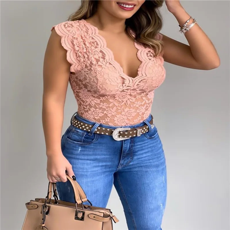 Sexy Deep V Neck Sleeveless Lace Blouse Shirts Summer Fashion Women Lace Patchwork Pullover Tops XCDZ-540738