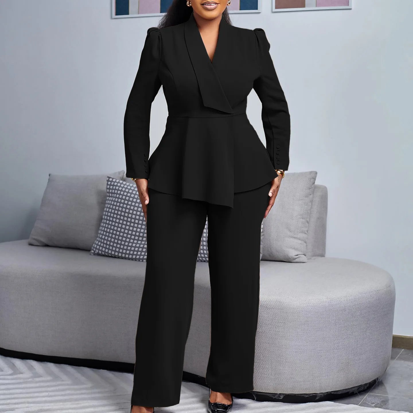 Women Two Pieces Set Elegant Long Sleeves Tops High Waist Pants Trousers Modest Peplum Office Ladies Work Wear Business Suit New