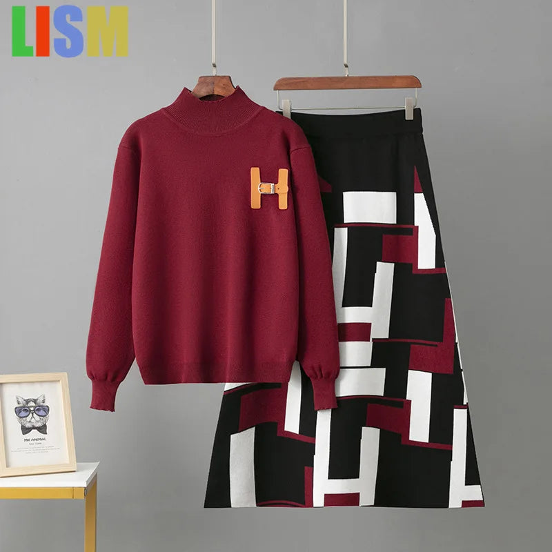 LISM winter two piece set for womam suit elegant sweater new in matching sets letter half body mid length skirt set New dress