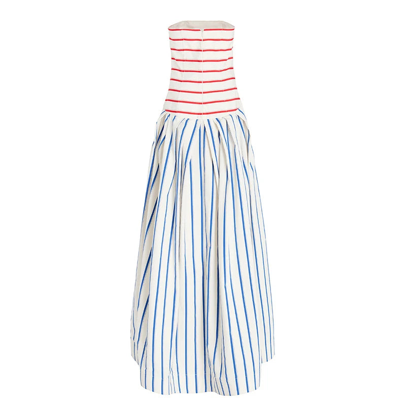 Flaxmaker Fashion Womens Dresses Casual Women Striped Print Sling Maxi Dress Round Neck Sleeveless Long Dress Vestidos Dresses