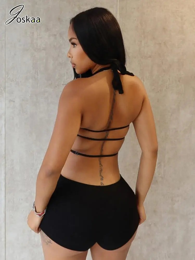 Joskaa Ribbed Solid Sports Rompers Women Hipster Sexy Halter Backless Body-Shaping Playsuits 2025 Summer Vacation Clubwear