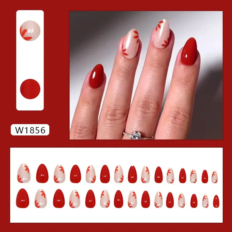 Platinum Maple Leaf Fake Nail with Jelly sticker Press on False Nails Wearable Round Head Oval Full Cover Nail Tips