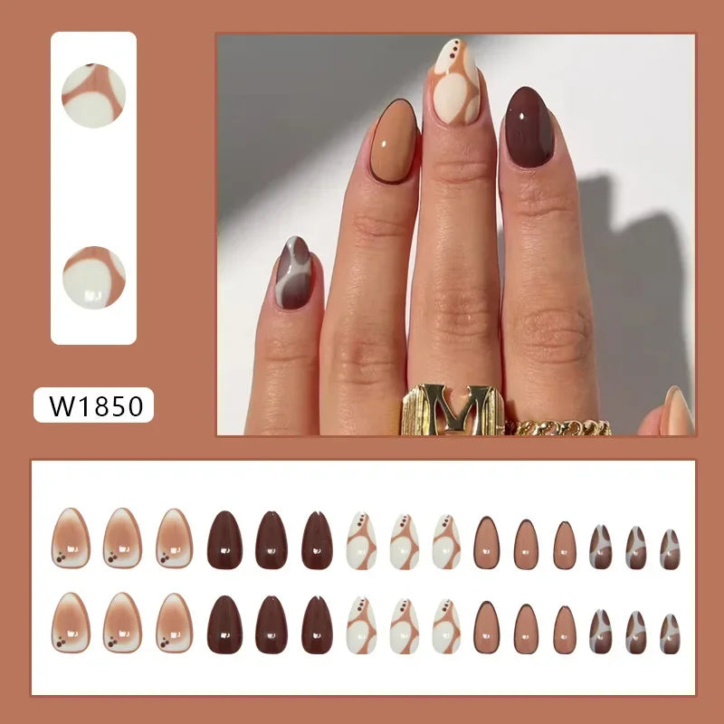 Platinum Maple Leaf Fake Nail with Jelly sticker Press on False Nails Wearable Round Head Oval Full Cover Nail Tips