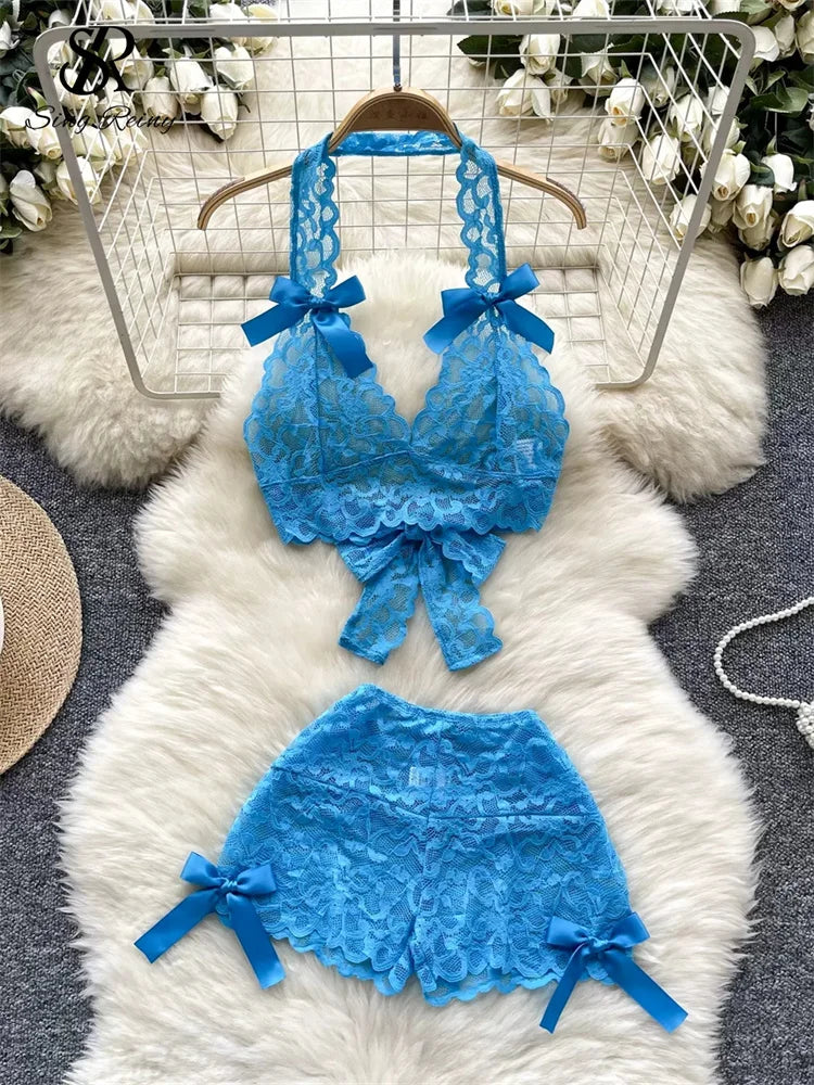 SINGREINY Lace Sheer Sexy Suits Halter V-Neck Bandage Short Tops+Mini Shorts 2024 Women Backless Bow Hotsweet Two Pieces Sets