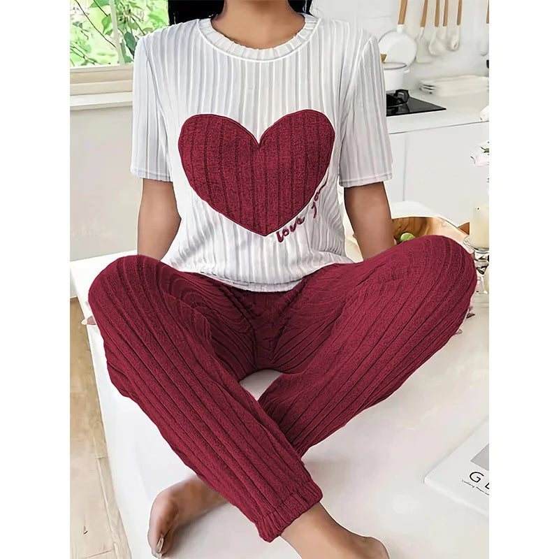 Autumn Winter Two-Piece Pajamas Set for Women Sleepwear Heart Print Round Neck Short Sleeve Long Pants Home Wear