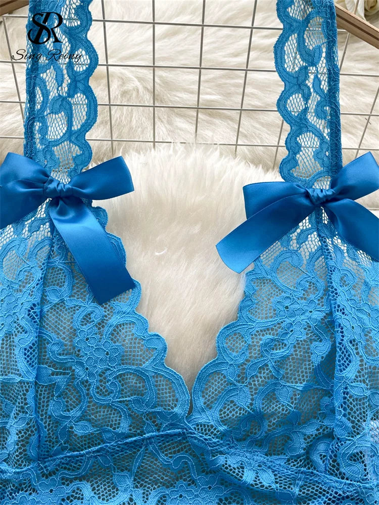 SINGREINY Lace Sheer Sexy Suits Halter V-Neck Bandage Short Tops+Mini Shorts 2024 Women Backless Bow Hotsweet Two Pieces Sets