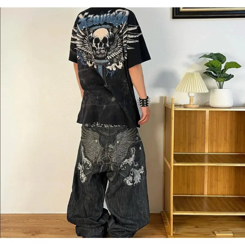 American Y2K Wings Geometric Embroidery High Quality Slim Jeans for Women Y2K Street Wear Trendy Casual goth high waisted jeans