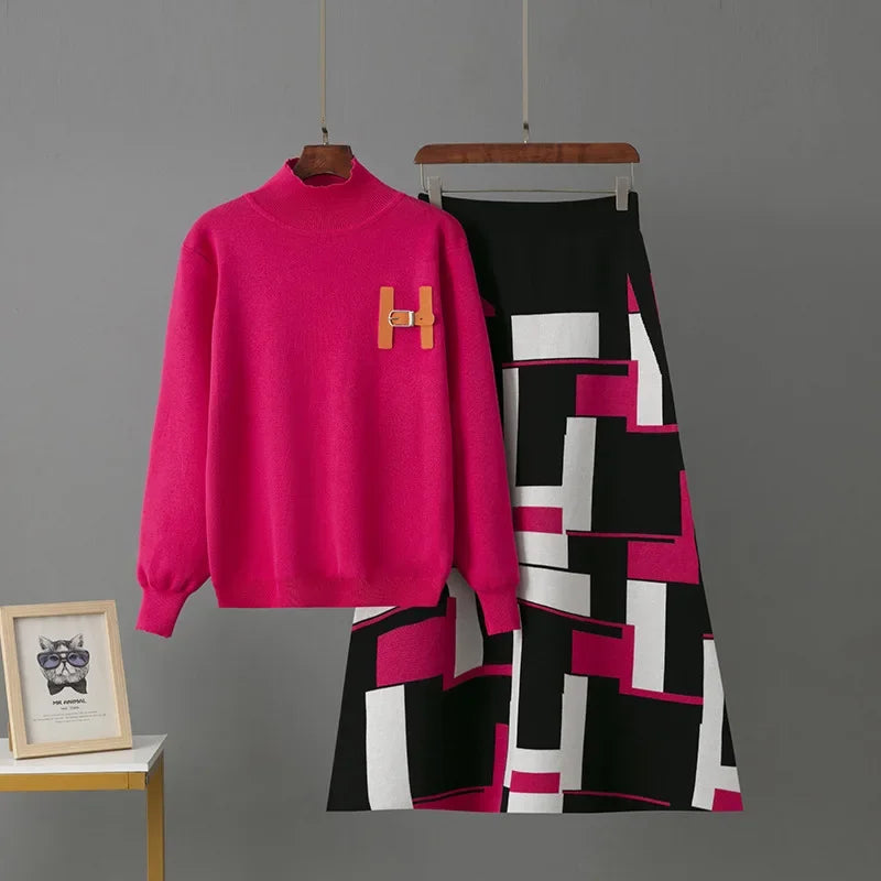 LISM winter two piece set for womam suit elegant sweater new in matching sets letter half body mid length skirt set New dress