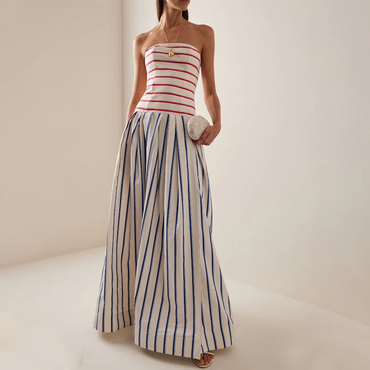 Flaxmaker Fashion Womens Dresses Casual Women Striped Print Sling Maxi Dress Round Neck Sleeveless Long Dress Vestidos Dresses