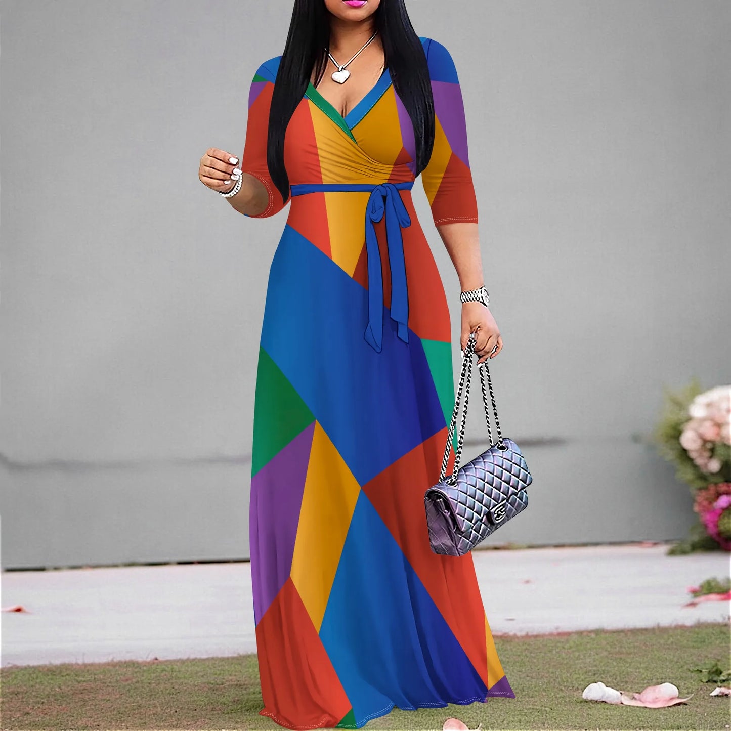 Women's Floral Print Maxi Party Dresses Summer 2025 with Pockets Casual 3 4 Sleeve V-Neck Wrap Tie Waist Long Dress