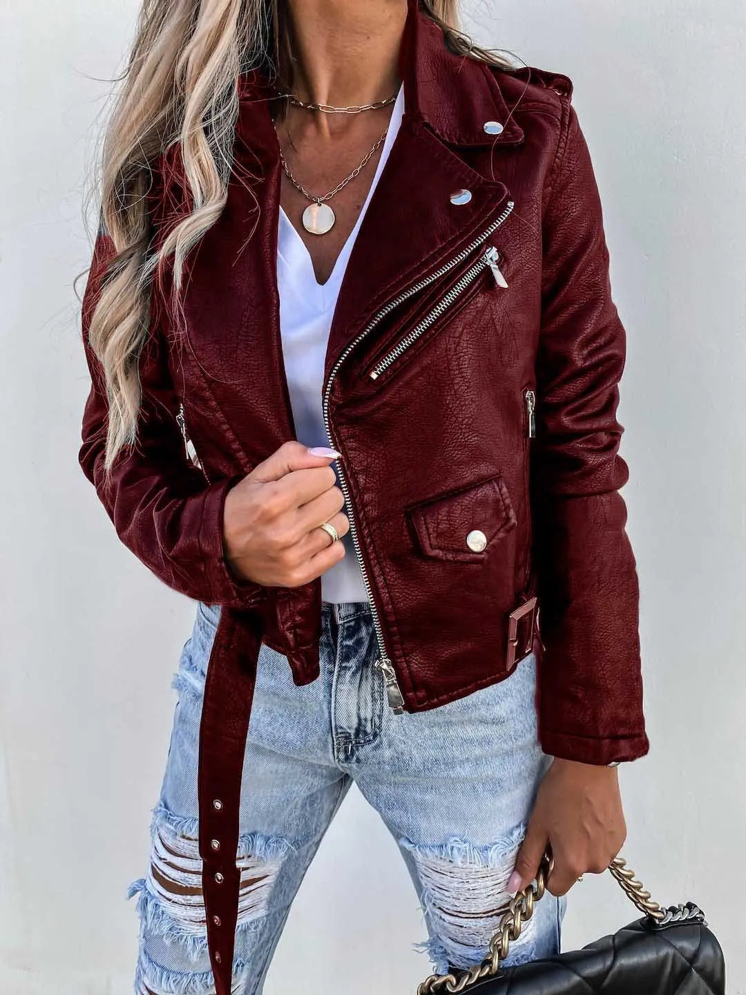 Women's Fashion Biker Jacket PU Leather Short Zipper Winter Warm Outerwear