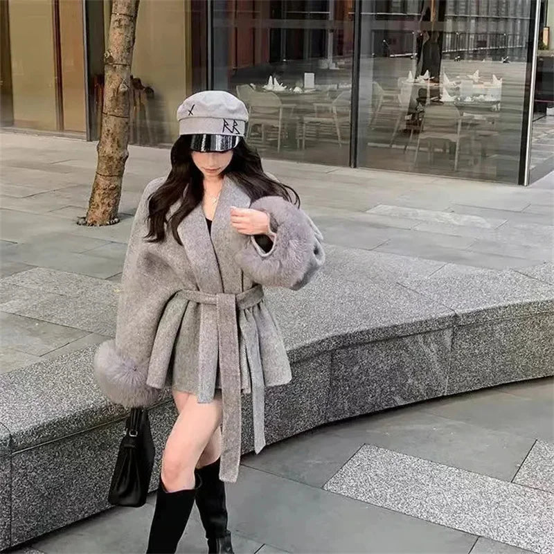 Strap Woolen Jacket With Spring And Autumn Long Sleeves Loose High-End Splicing Short Furry Sleeves blend Wool Coats With Lace-u