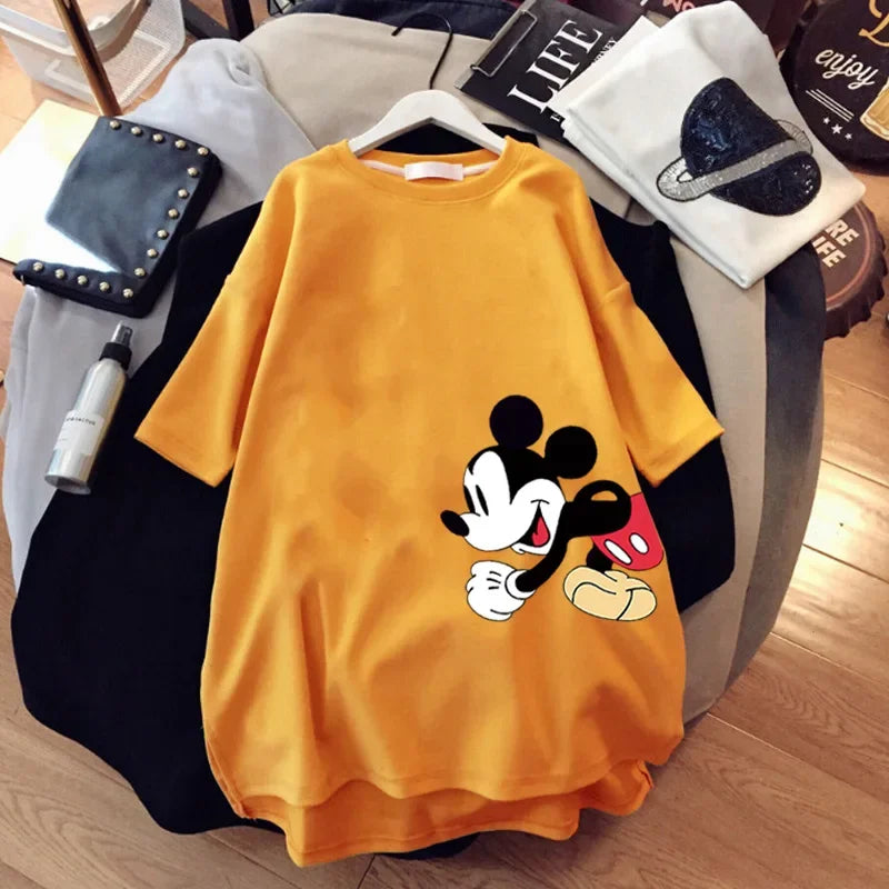 Disney Mickey Mouse T-shirt Summer Cartoon Mid-length Short-sleeved T-shirt Women's New Mickey Loose Large Size Half-sleeve Top