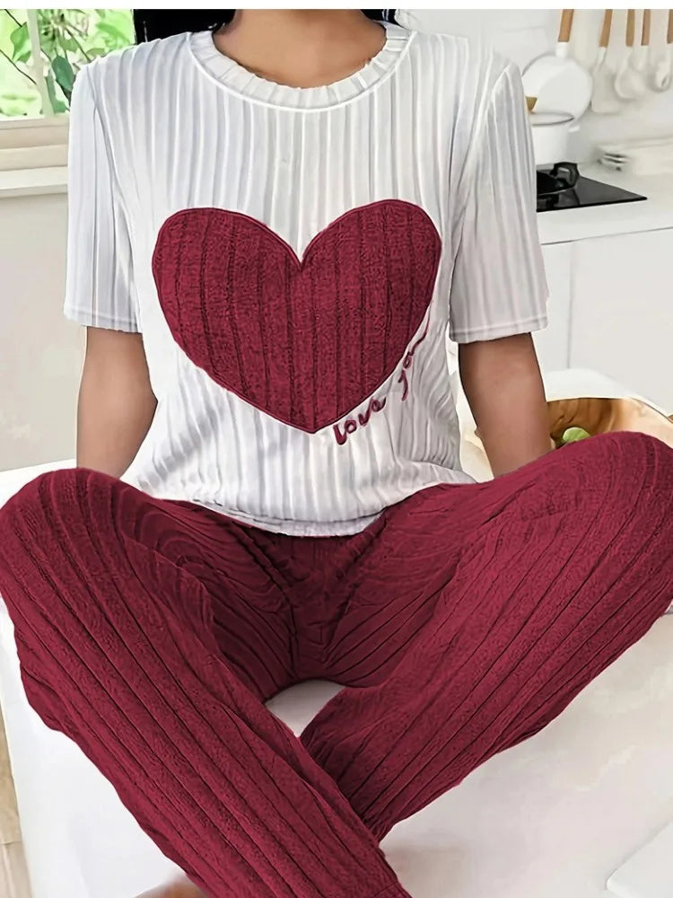 Autumn Winter Two-Piece Pajamas Set for Women Sleepwear Heart Print Round Neck Short Sleeve Long Pants Home Wear