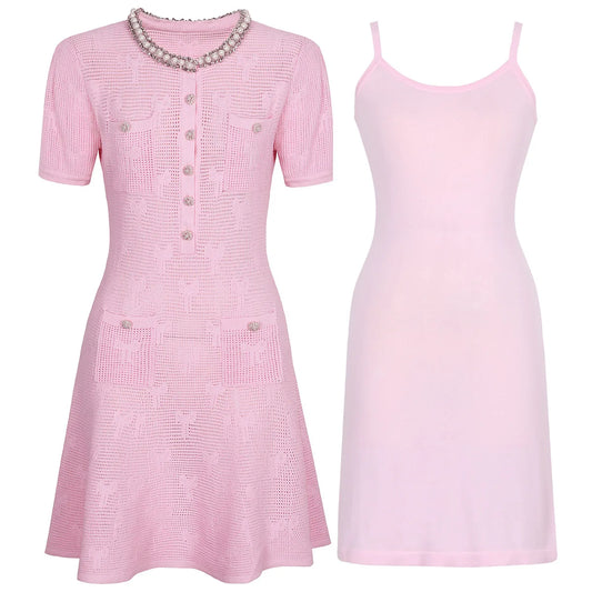 Europe America High-end Fashion Knitted Short-sleeved Dress 2025 Summer Clothes New Round Neck Temperament Woman A-line Dresses