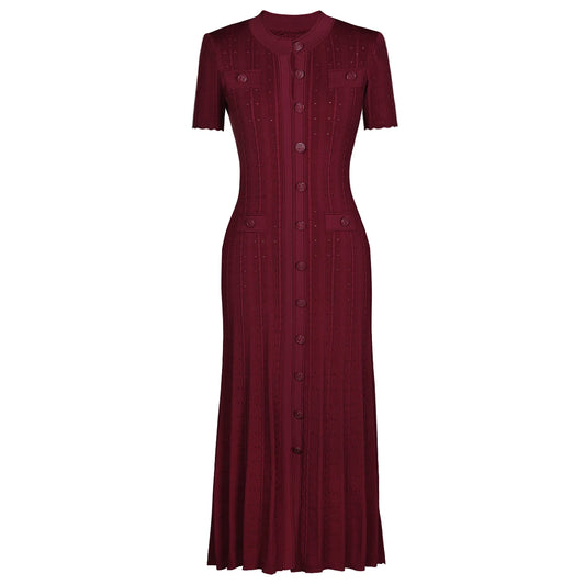 Three Color High-quality New Fashionable Elastic Knitted Hollow Round Neck Single Breasted Short Sleeved Slim Fit Women's Dress