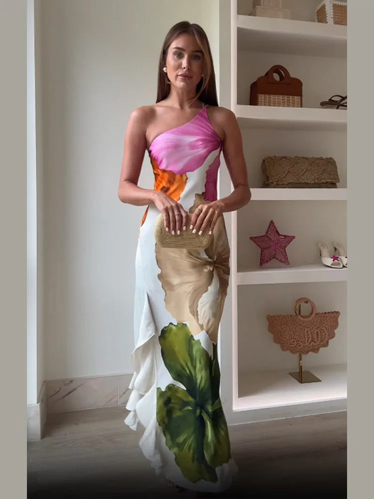 Elegant Floral Irregular Maxi Vestidos Women Sleeveless Skew Neck Off Shoulder Slim Dress 2025 New Summer Party High Street Wear