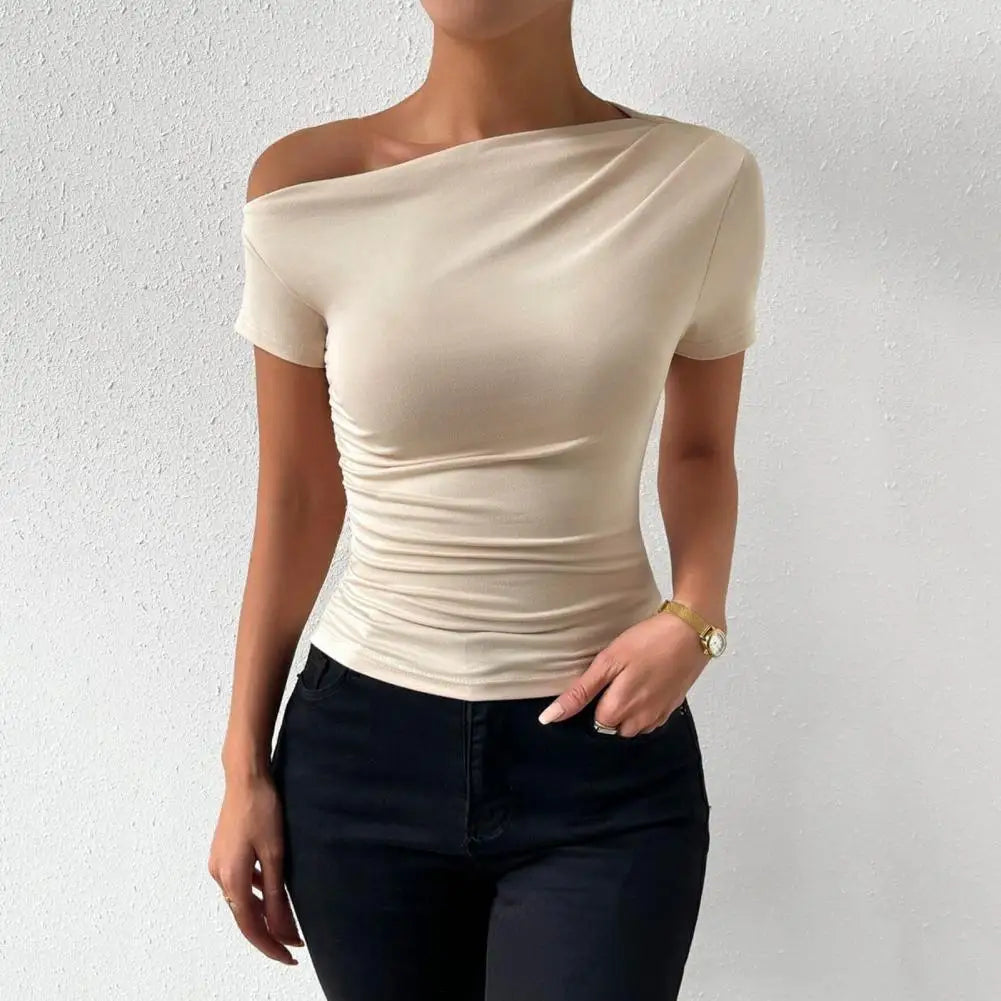 Women T-shirt Lightweight Women Tops Slim Fit Skew Collar Women's Summer T-shirt Stylish Side Shirring Tee with Short Sleeves