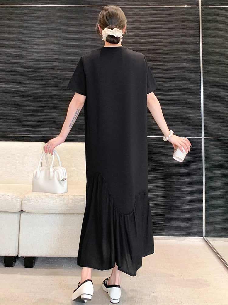 NYFS 2025 Summer New Korea Irregular Woman Dress Vestidos Robe Elbise Loose Plus Size Patchwork Short Sleeve Long Dress