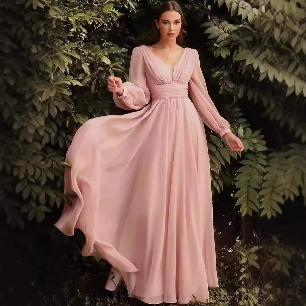 Evening Dress Long-sleeved Chiffon Sexy Temperament Deep V-edge Button Bridesmaid Skirt 2025 Spring And Summer New Fashion High