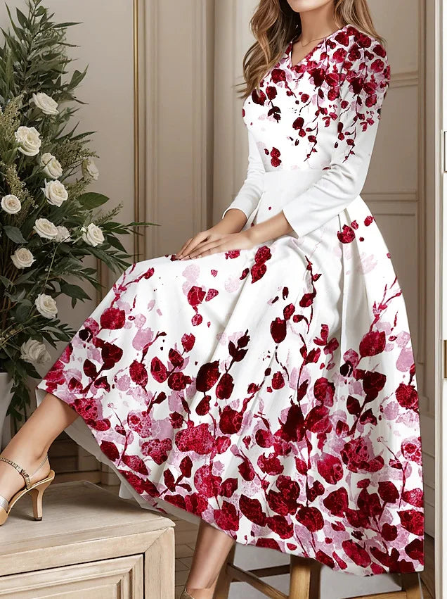 Ladies Autumn Winter Floral Print Vintage Long Dress Women's Long Sleeve V-neck Elegant Dresses Party Casual Evening Dress Women