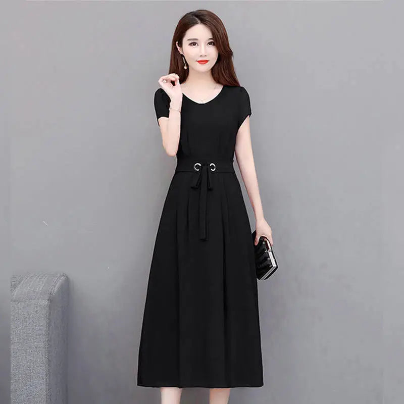 Women summer dress 2025 new short-sleeved over-the-knee belt slim figure-hugging A-line dress vestidoes clothing HTH013