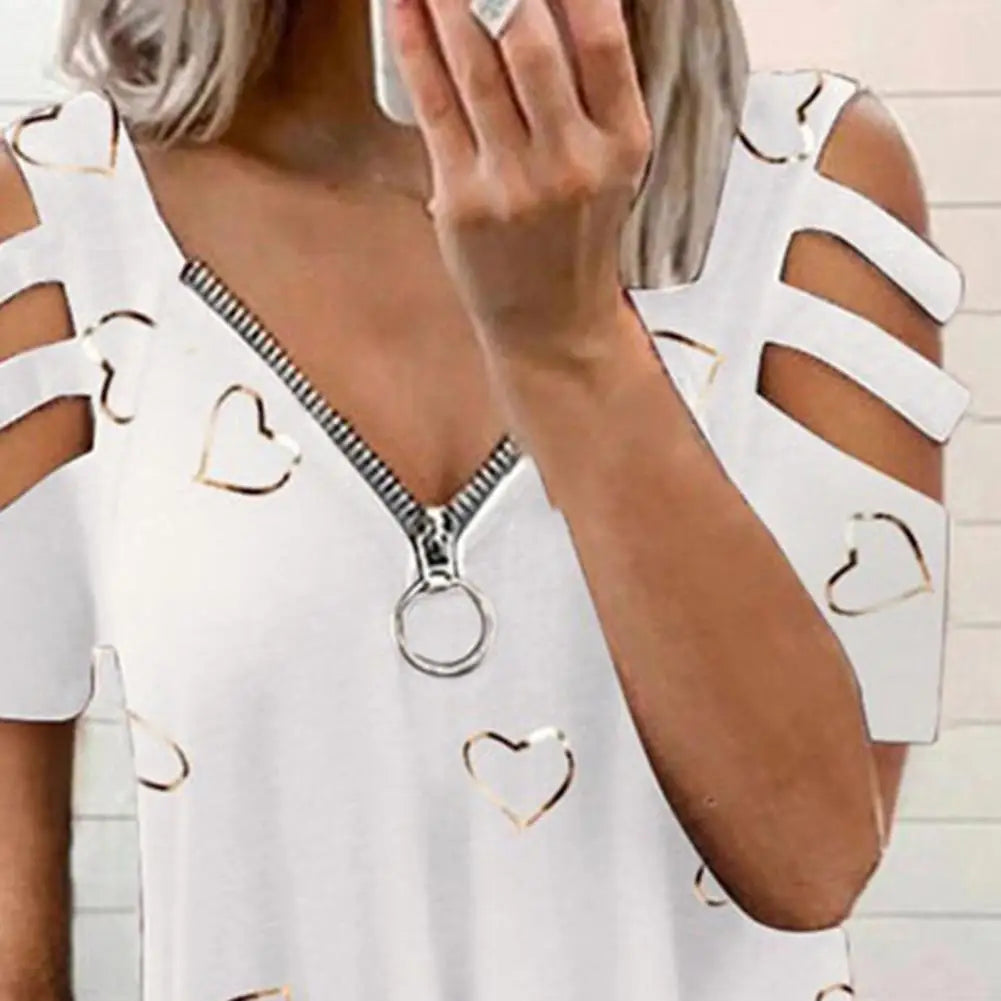 Top V Neck Low-cut Hollow Out Short Sleeves T-shirt