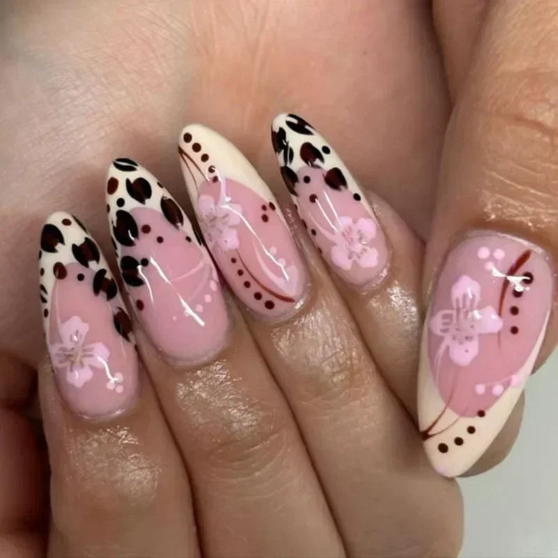 24Pcs Autumn Winter Matte Almond False Nails with Glue Rose Leaf Printing Nail Art Simple Full Cover Press on Acrylic Nails Tips