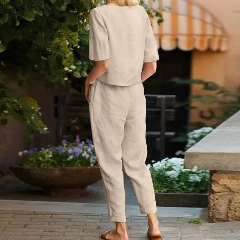 Women's Cotton Linen Suit Summer Matching Suit Half-sleeved Round Neck Tie Elastic Waist Trousers Wide-leg Pants Retro Suit 2024
