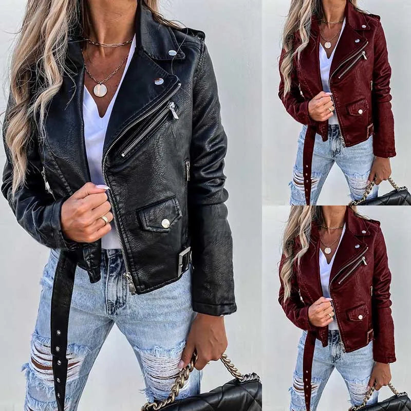 Women's Fashion Biker Jacket PU Leather Short Zipper Winter Warm Outerwear
