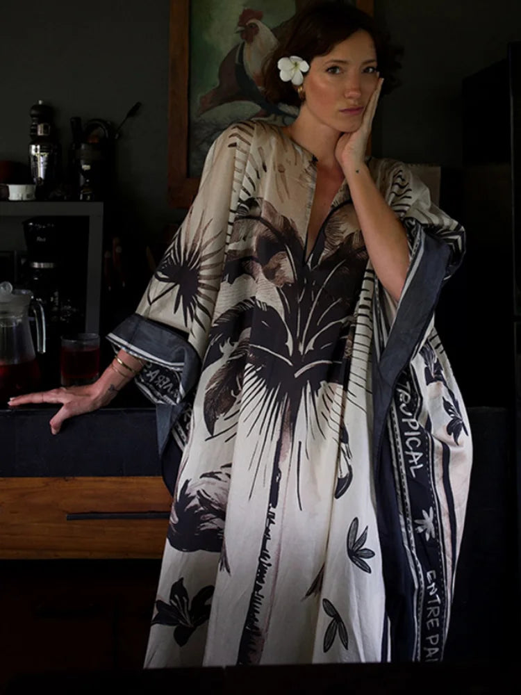 Vacation Coconut Tree Floral Print Caftan Maxi Dress For Women Oversize Long Puff V-neck Beach Dresses Lady Bohemia Party Robes