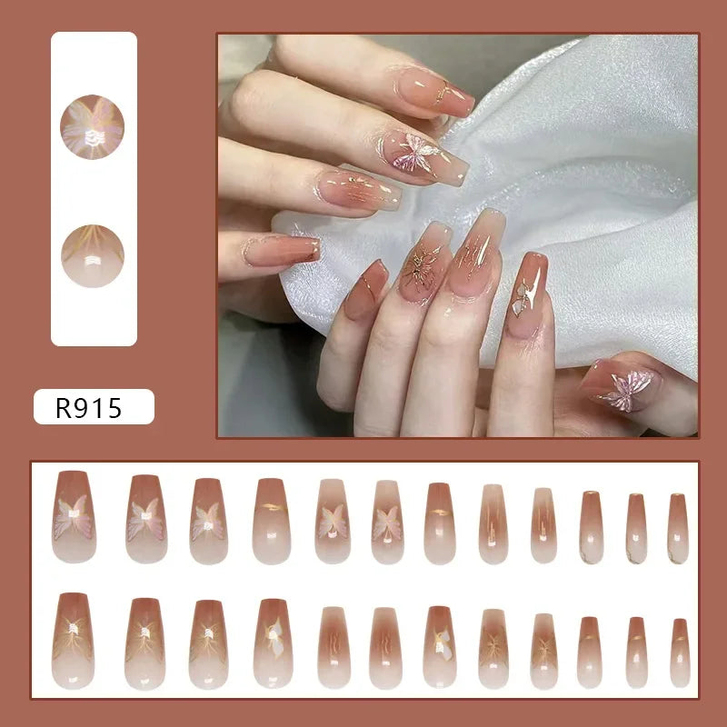 Platinum Maple Leaf Fake Nail with Jelly sticker Press on False Nails Wearable Round Head Oval Full Cover Nail Tips